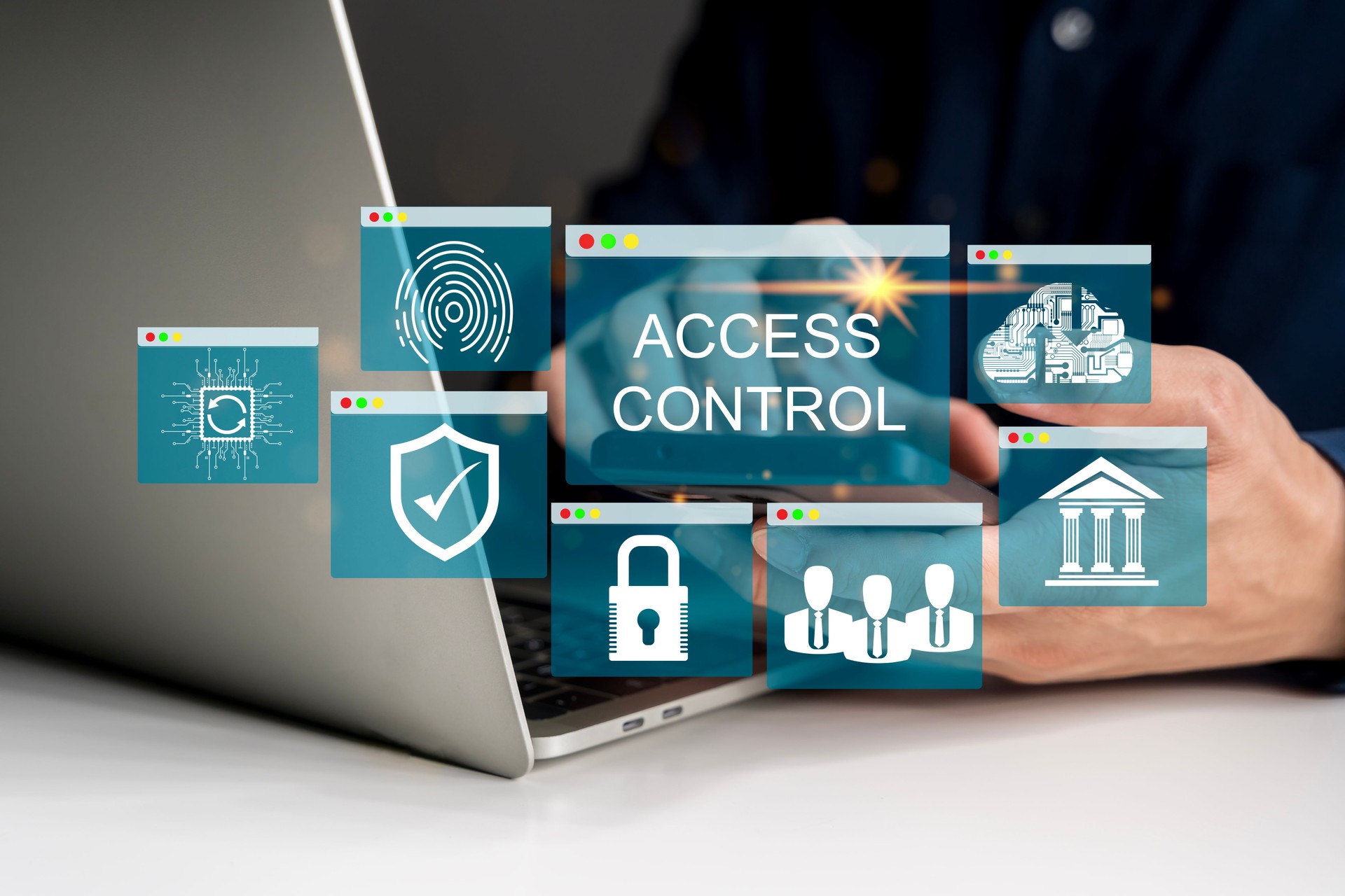 Biometric cyber security system and access control concept. Businessman access security personal financial data.