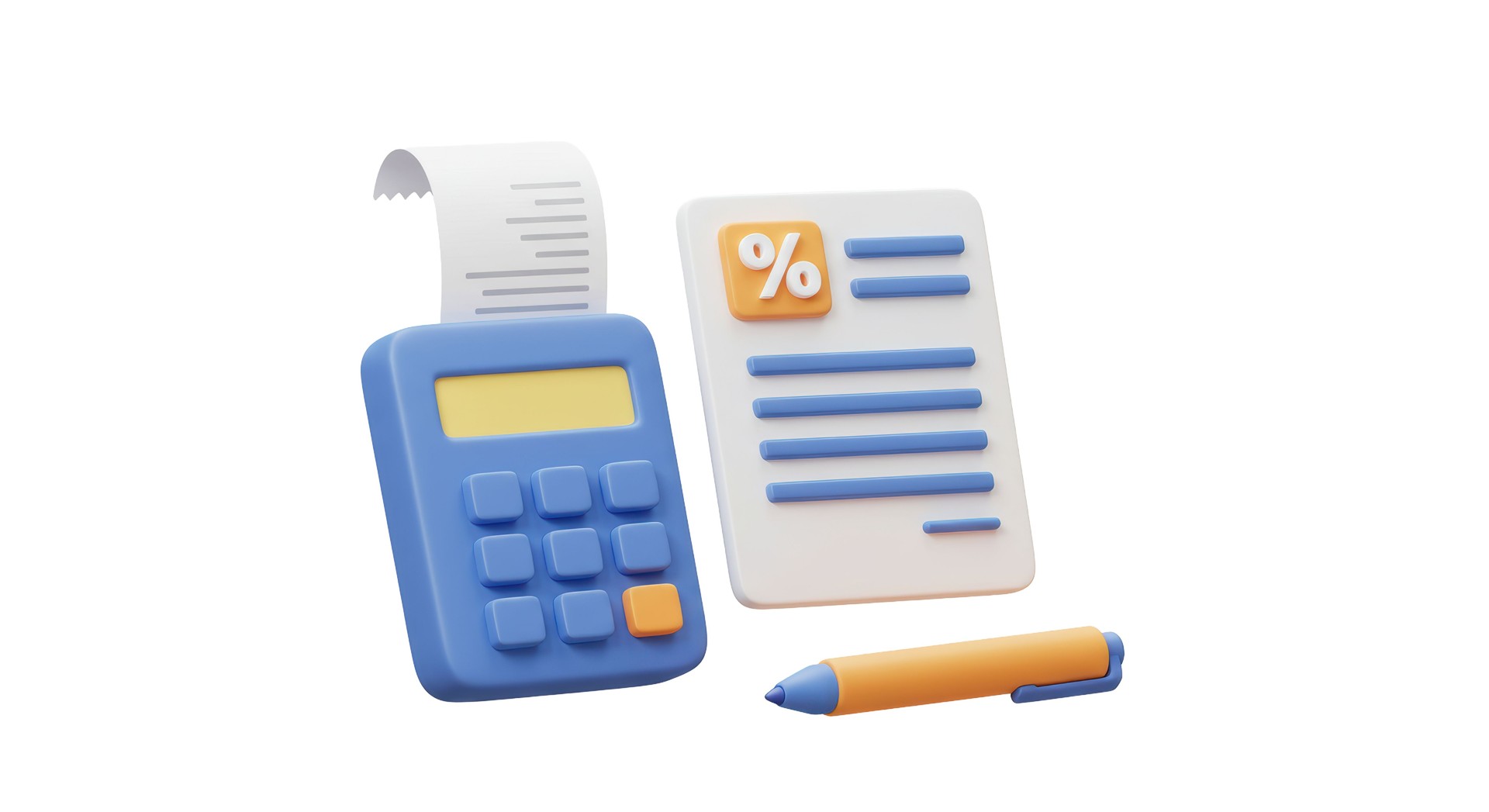 Isolated 3D Render of Calculator Bill and Pen for Finance Management